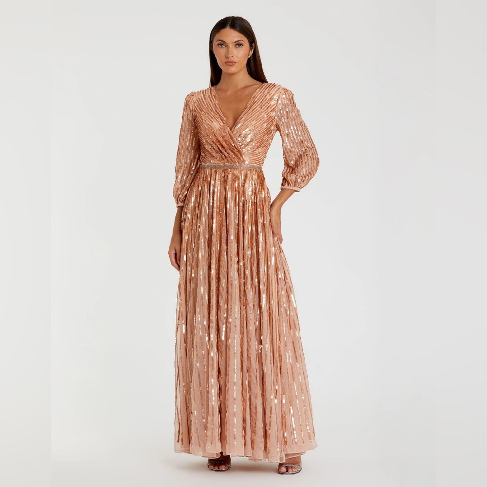 Mac Duggal Metallic Blush Sequin Maxi Dress NWT.